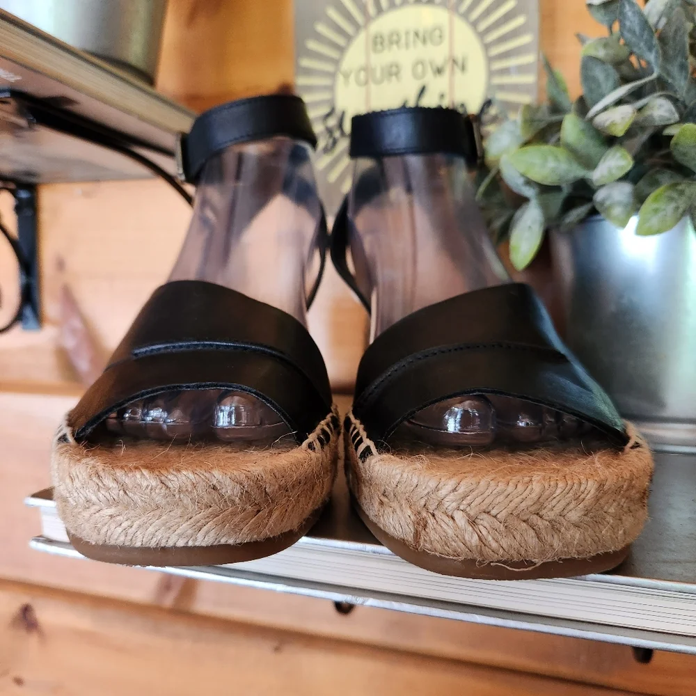 Nine West 💜 Edwisha Espadrilles Wedge Platform Sandals Black Leather Shoe 6.5 M